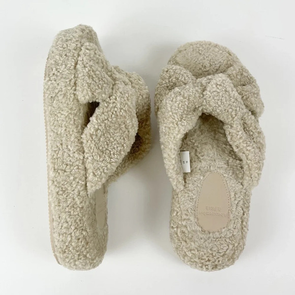 Abercrombie & Fitch Slippers Women Size 10 Beige Fuzzy Slip On Open Toe Platform - Picture 1 of 10